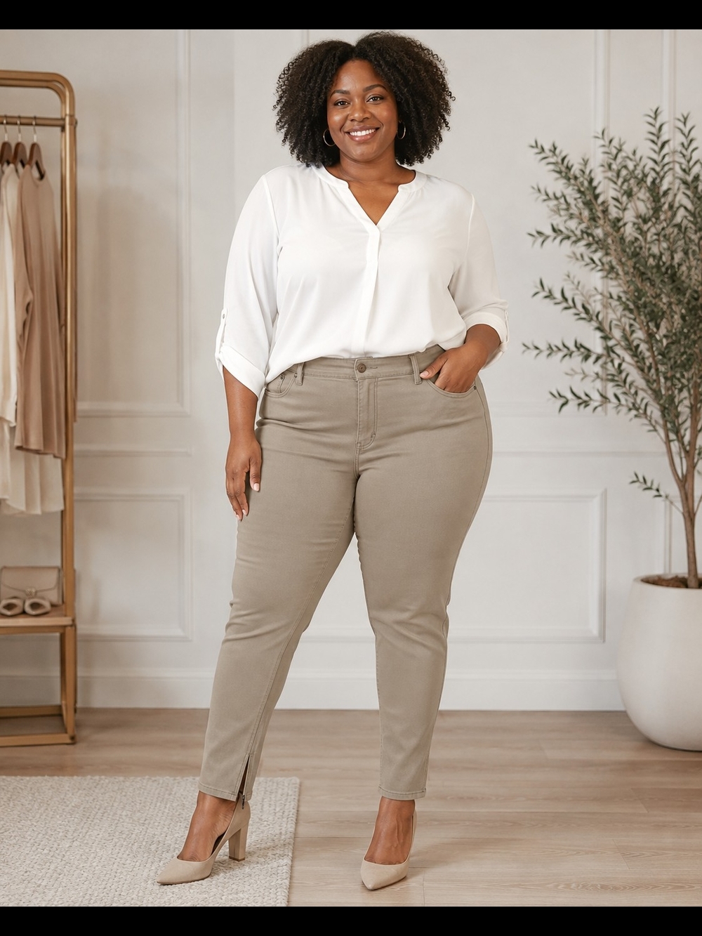 DG2 Diane Gilman 22W Khaki Stretch Slim Ankle Pants Zip Hem